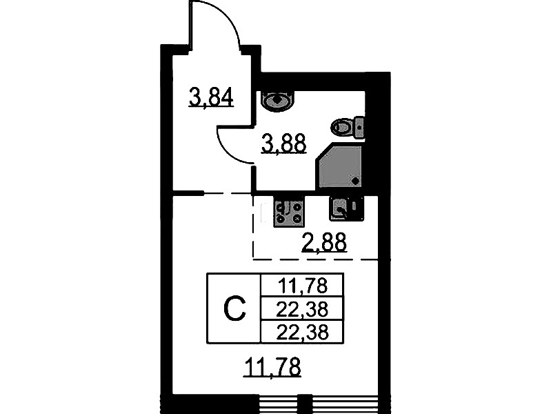Квартира студия 22.38 м², 16/17 эт., ЖК «Невская Долина»